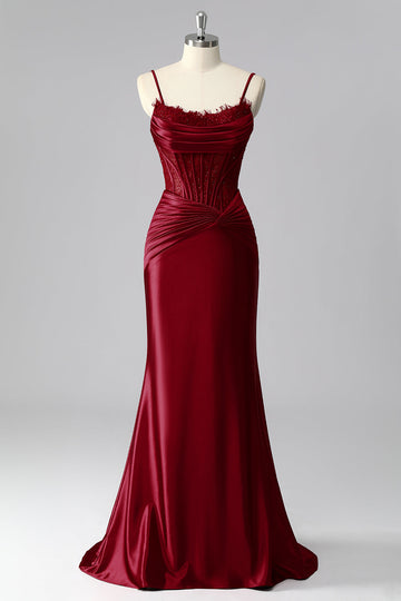 Robe De Soirée corset sirène bordeaux en satin froncé